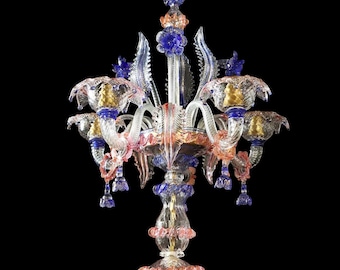 Kleurrijke kandelaar van muranoglas, klassieke tafellamp, blauw en roséroze met 24 kt gouden accenten