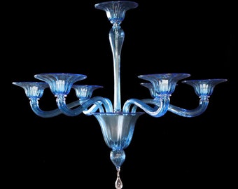Murano Glass Chandelier in Aquamarine Blue, Hand Blown Glass Lighting, Blue Glass Ceiling Light, Elegant Murano Chandelier in Blue