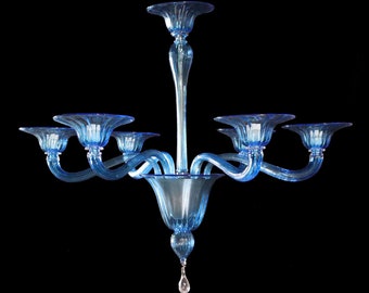 Murano Glas Kronleuchter in Aquamarin Blau, geblasenes Glas Kronleuchter, Blaue Glas Deckenleuchte, Eleganter Murano Kronleuchter in Blau