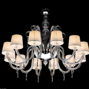 Murano Chandelier with 12 Lights and Swarovski Crystals, Glass Chandelier with Silk Lampshades, Venetian Glass Chandelier