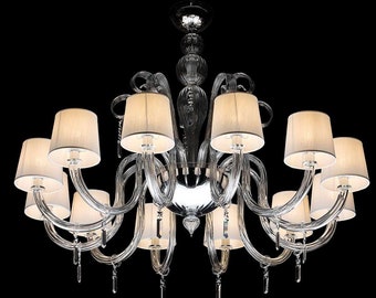 Murano Chandelier with 12 Lights and Swarovski Crystals, Glass Chandelier with Silk Lampshades, Venetian Glass Light