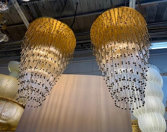 Set of 2 Italian Mid Century Modern Chandeliers with Hanging Glass Beaded Strings, Large Luxury Lighting, Oversized Murano Chandeliers