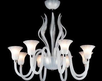 Contemporary Murano Glass Chandelier With Decorative Leaves, White Glass Lighting, Decorative Lighting, Venetian Murano Chandelier