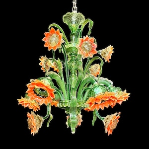 Murano Glass Sunflower Chandelier, Van Gogh Lighting, Floral Ceiling Light, Green Glass Chandelier, Floral Home Decor, Van Gogh Glass Art