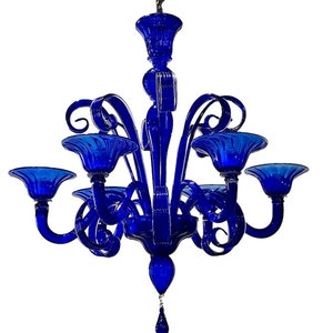 Cobalt Blue Chandelier, Murano Glass Lighting, Pastoral Chandelier, Blue Murano Chandelier, 6 Light Chandelier, Luxury Blue Light