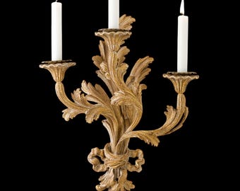 Hand Carved Tuscan Sconce with 3 Lights, Italian Gilt Wood Baroque Lighting for Wall