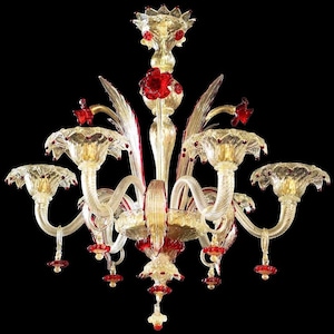 Classic Chandelier in Clear Cristallo with 24Kt Gold and Ruby Red Floral Accents, Murano Glass Chandelier, Classic Venetian Lighting