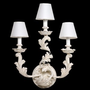 Vintage Style Gilt Wood Sconce: Italian Hand Carved Tuscan Wall Lighting with Lampshades, Baroque Sconce in White