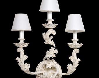 Vintage Style Gilt Wood Sconce: Italian Hand Carved Tuscan Wall Lighting with Lampshades, Baroque Sconce in White