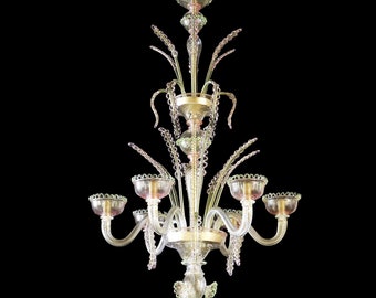 Chandelier in Golden Cristallo Glass with Green and Pink Accents, Classic Italian Glass Chandelier, Blown Glass Murano Lighting