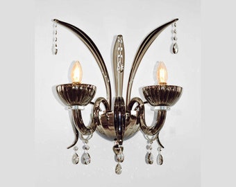 Murano Glass Sconce in Mirrored Fume, Wall Light with Crystals, Venetian Sconce, Elegant Wall Lighting, Glass Light for Wall