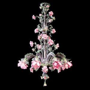 Classic Chandelier in Amethyst Glass with Pink Roses, Large Murano Glass Floral Chandelier