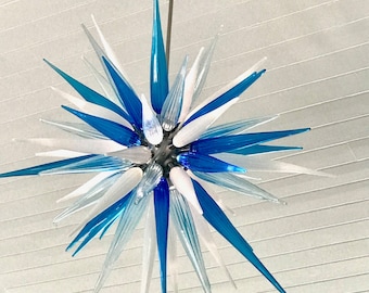 Sputnik Chandelier, Blue and White Pendant Light, Murano Chandelier, Modern Pendant Chandelier, Starburst Chandelier, Art Glass Chandelier