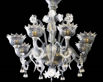 Classic Murano Chandelier in Gray Glass with 24Kt Gold Accents, Gothic Lighting with Flower and Leave Accents