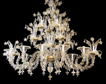 Classic Rezzonico Barchessa Chandelier, Murano Glass Chandelier, 12 Light Chandelier, Large Ceiling Light, Clear and Gold Glass Chandelier