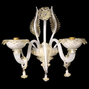 Murano Glass Classic Sconce with Hanging Pendants, Sconce in Cloudy White with 24Kt Gold Accents, Two Light Glass Sconce