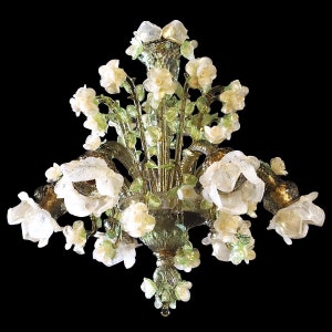 Floral Chandelier with White Roses, Green Glass Lighting with 24Kt Gold Accents, Classic Murano Glass Chandelier, Floral Lighting