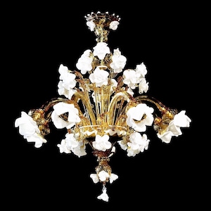 Amber Murano Glass Chandelier: Classic White Rose Floral Lighting