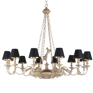 Baroque Chandelier, Italian Hand Carved Gilt Wood Chandelier, Tuscan Chandelier With 12 Lights and Black Lampshades, Vintage Style Lighting