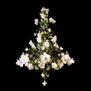 Classic White Roses Chandelier, Fume Glass with Green Accents, Large Floral Chandelier, Murano Glass Light