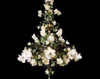 Classic White Roses Chandelier, Fume Glass with Green Accents, Large Floral Chandelier, Murano Glass Light