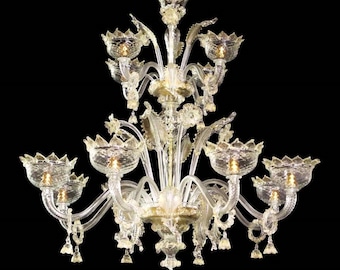 Two Tier Cristallo Chandelier with 24Kt Gold, Classic Murano Glass Lighting with Leaves and Stemmed Flower Accents