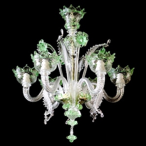 Clear Cristallo Murano Chandelier with Green Accents, Luxury Murano Lighting