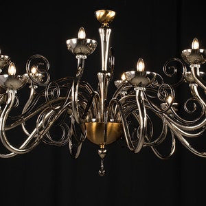 Large Murano Glass Chandelier with 12 Lights, Mirrored Fume Glass Chandelier, Classic Italian Glass Lighting