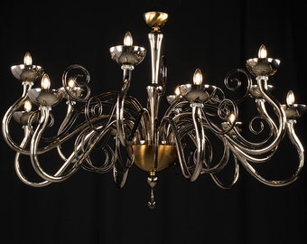 Large Murano Glass Chandelier with 12 Lights, Mirrored Fume Glass Chandelier, Italian Glass Lighting, Classic Chandelier