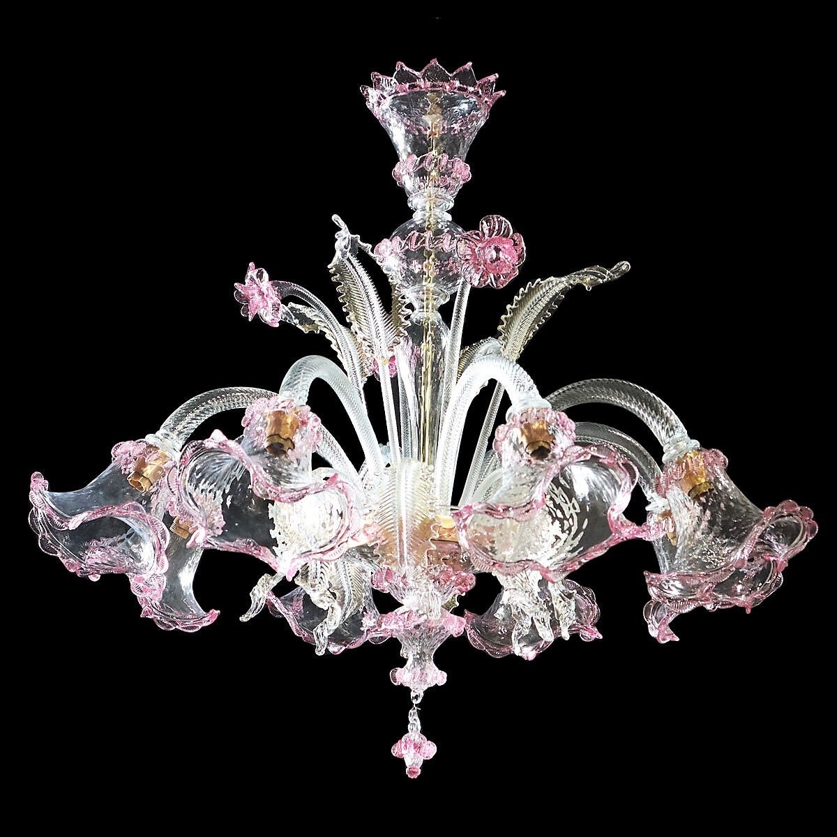 Downward Floral Lighting, Murano Glass Chandelier, Clear Cristallo Chandelier with Pink Accents and 24K Gold Details, Classic Chandelier