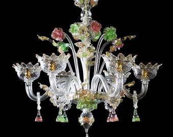 Floral Murano Glass Chandelier: Clear with Green, Pink & Gold Accents, Classic Light Fixture