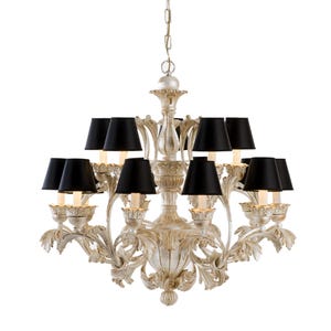 Hand Carved Gilt Wood Chandelier with Black Lampshades, Baroque Lighting, Large Italian Tuscan Chandelier