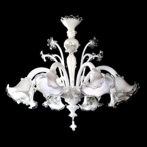 Downward Lights Chandelier, White Calla Chandelier with Clear Daisies, Classic Murano Glass Light