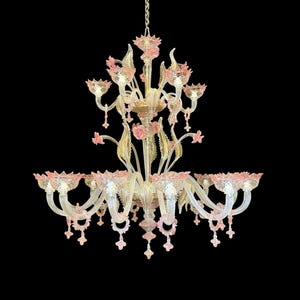 Murano Glass Chandelier: Clear Cristallo, 24Kt Gold & Rose Pink Accents