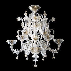 Classic Rezzonico Murano Glass Chandelier, Clear Cristallo Ceiling Light with 24Kt Gold Accents, Large Elegant Chandelier