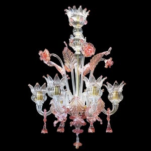 Clear and Pink Glass Chandelier, Classic Chandelier in Cristallo Glass with 24Kt Gold and Rose Pink Accents, Floral Murano Glass Lighting
