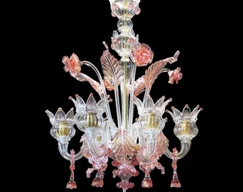 Clear and Pink Glass Chandelier, Classic Chandelier in Cristallo Glass with 24Kt Gold and Rose Pink Accents, Floral Murano Glass Chandelier