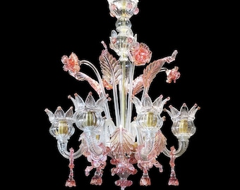 Clear and Pink Glass Chandelier, Classic Chandelier in Cristallo Glass with 24Kt Gold and Rose Pink Accents, Floral Murano Glass Lighting