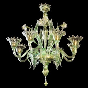 Classic Glass Chandelier in Light Green with 24Kt Gold, Floral Murano Glass Chandelier, Green Chandelier with Glass Flowers