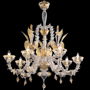 Lámpara de araña Rezzonico de cristal de Murano: 6 luces, cristal y oro de 24 quilates, iluminación clásica de lujo