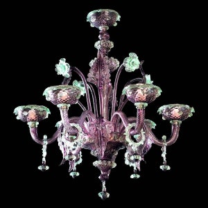Amethyst Kronleuchter mit grünen Akzenten, Floraler Glas Kronleuchter, Murano Beleuchtung, Bunte Glasleuchter, Klassischer Kronleuchter