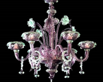 Floral Amethyst Chandelier with Green Accents, Classic Murano Glass Lighting, Colorful Glass Chandelier