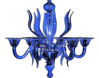 Murano Glass Chandelier in Crystalline Azure Blue Glass, Contemporary Ceiling Light