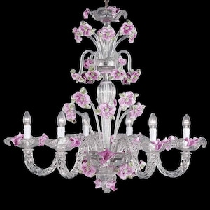 Lámpara de araña de cristal de Murano transparente y rosa, lámpara Fiori Cristallo, lámpara de techo clásica con diseño floral.