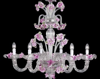 Clear And Rose Pink Murano Glass Chandelier, Fiori Cristallo Light, Classic Floral Ceiling Light