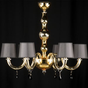 Handblown Murano Glass Chandelier: Mirrored Gold with Grey Lampshades, Mid-century Modern Lighting