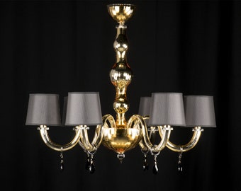 Handblown Murano Glass Chandelier: Mirrored Gold with Grey Lampshades, Mid-century Modern Lighting