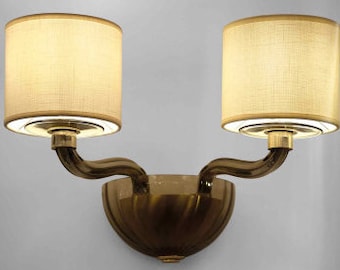 Murano Glass Sconce with White Cotton Lampshades, Elegant Wall Lighting, Murano Glass Light Fixture for Wall, Smoked Glass Sconce
