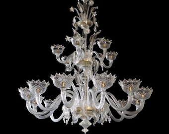 Murano Chandelier Lighting, Clear Cristallo Glass with 24Kt Gold Accents, Italian Ceiling Light, Venetian Chandelier