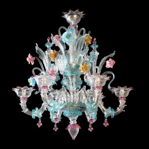 Clear Cristallo Chandelier with Colorful Accents, Turquoise and Pink Light, Classic Rezzonico Murano Chandelier with Decorative Flowers